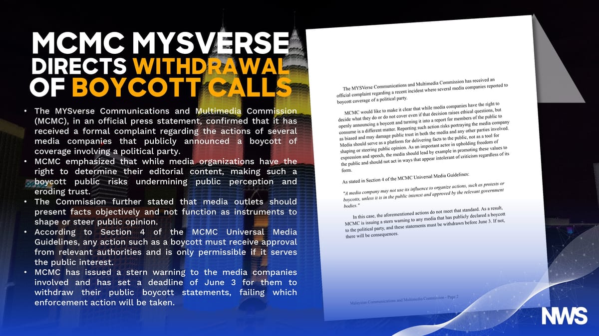 MYSverse Communications Commission Warns Media Over Political Boycott Statement